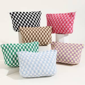 Large Capacity Travel Cosmetic Bag Plaid Checkered Makeup 01-White