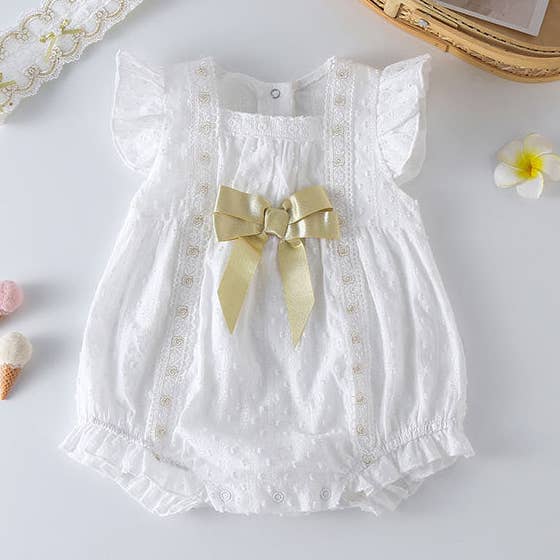 Baby Girls Solid White Gold Bow Tie Patched Design Popular bodysuit for wholesale by MyKids-USA®