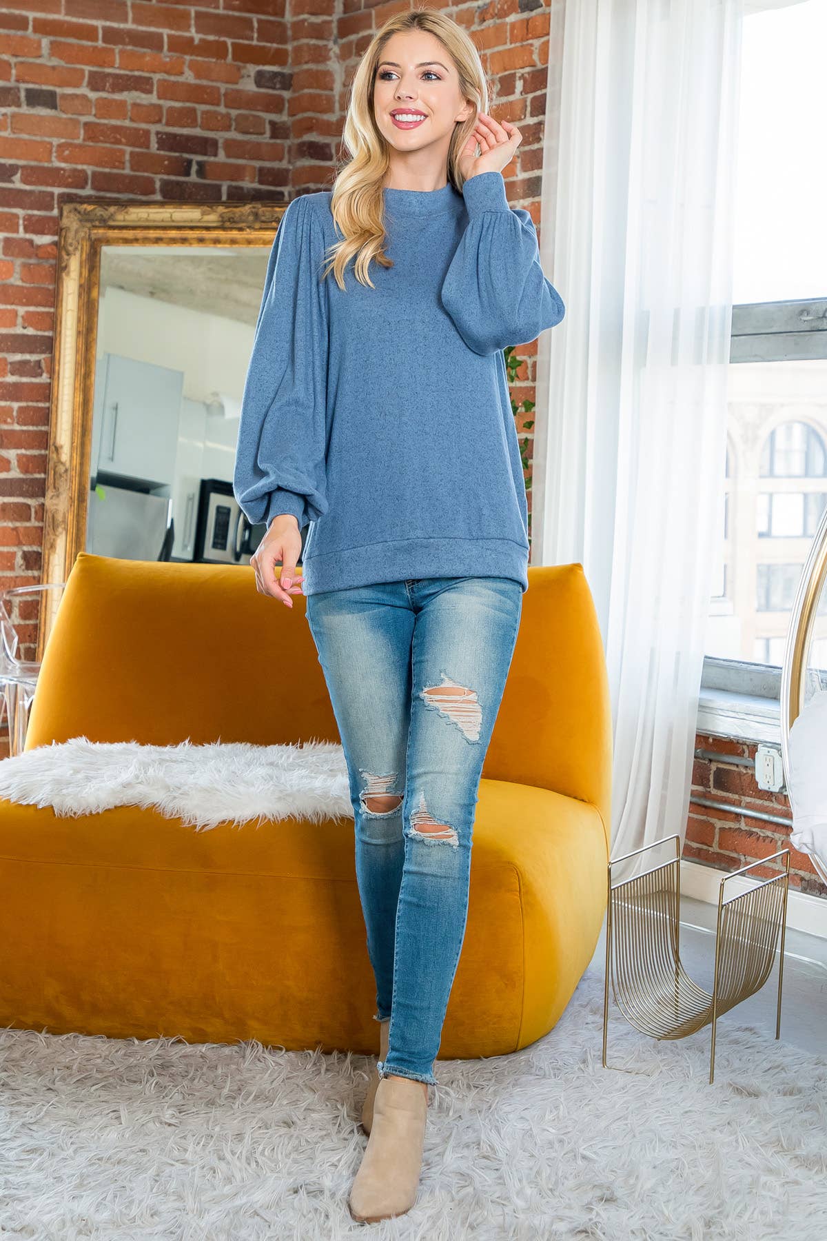 You & Me - Vente Haut en maille – femme - VENTE ! ! ! PPT21143 - HAUT À MANCHES BOUFFANTES À COL ROND - ANTHRACITE58