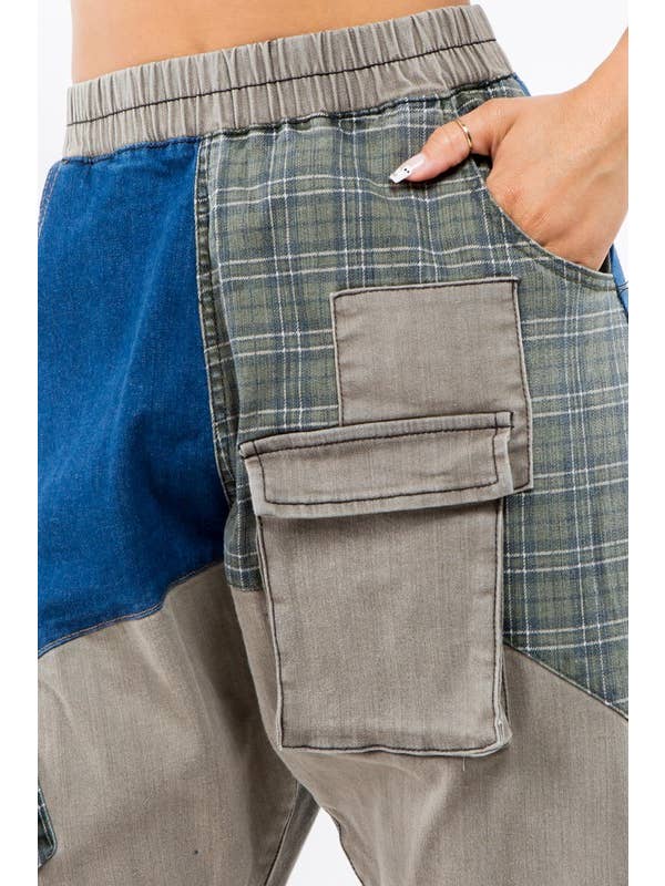 LABIJOU - Wholesale Broek - Dames - PD509 Broek - patchwork denim met geruite plaid en camo11