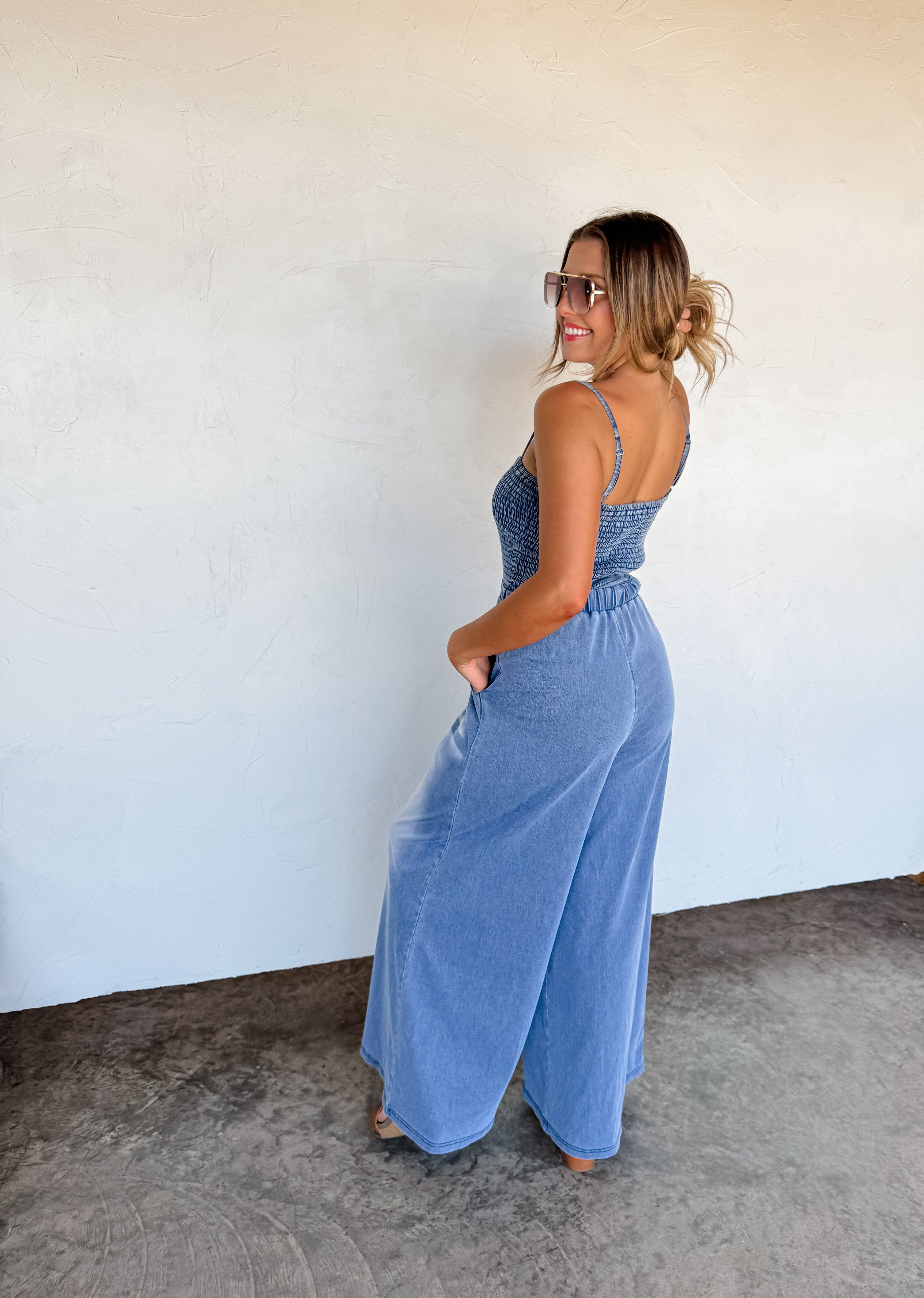 BLAKELEY - Wholesale Romper - Women's - DENIM CRUSH SMOCKED ROMPER6