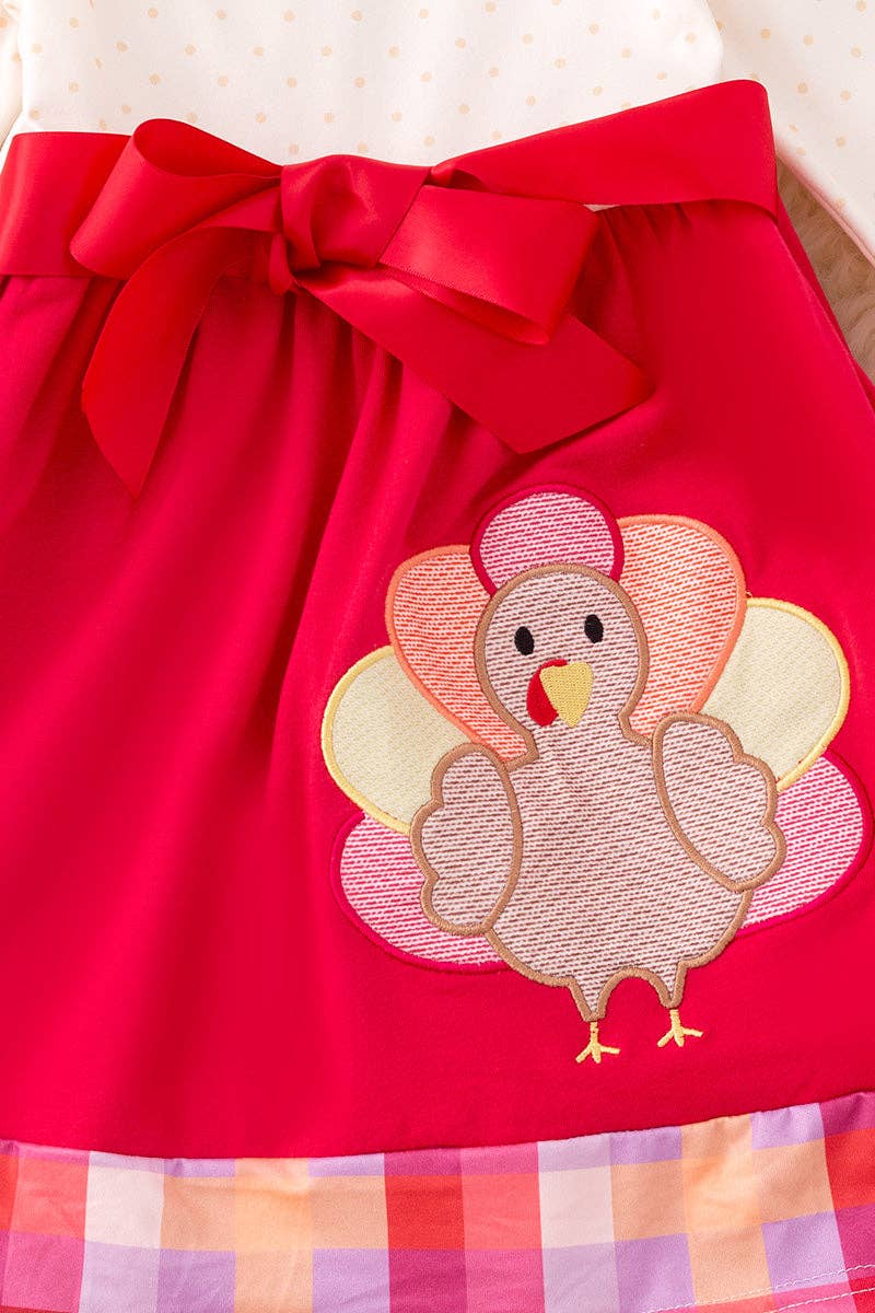 Kids Charm Online - Wholesale Dress - Kids - Turkey applique on fuchsia-cream dress. DRG53013 JEAN1