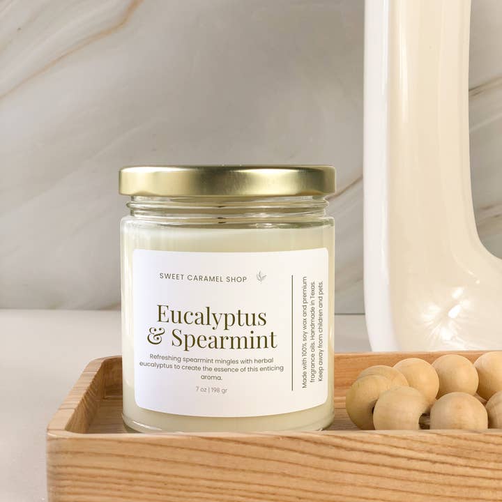 Handmade Soy Candle - Eucalyptus & Spearmint, Vol: 9 fl oz for wholesale by Sweet Caramel Shop