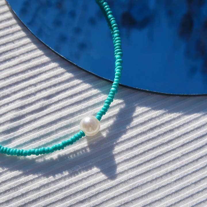 Turquoise Pearl Seed Bead Summer Necklace for wholesale by Athena’s Art Cove