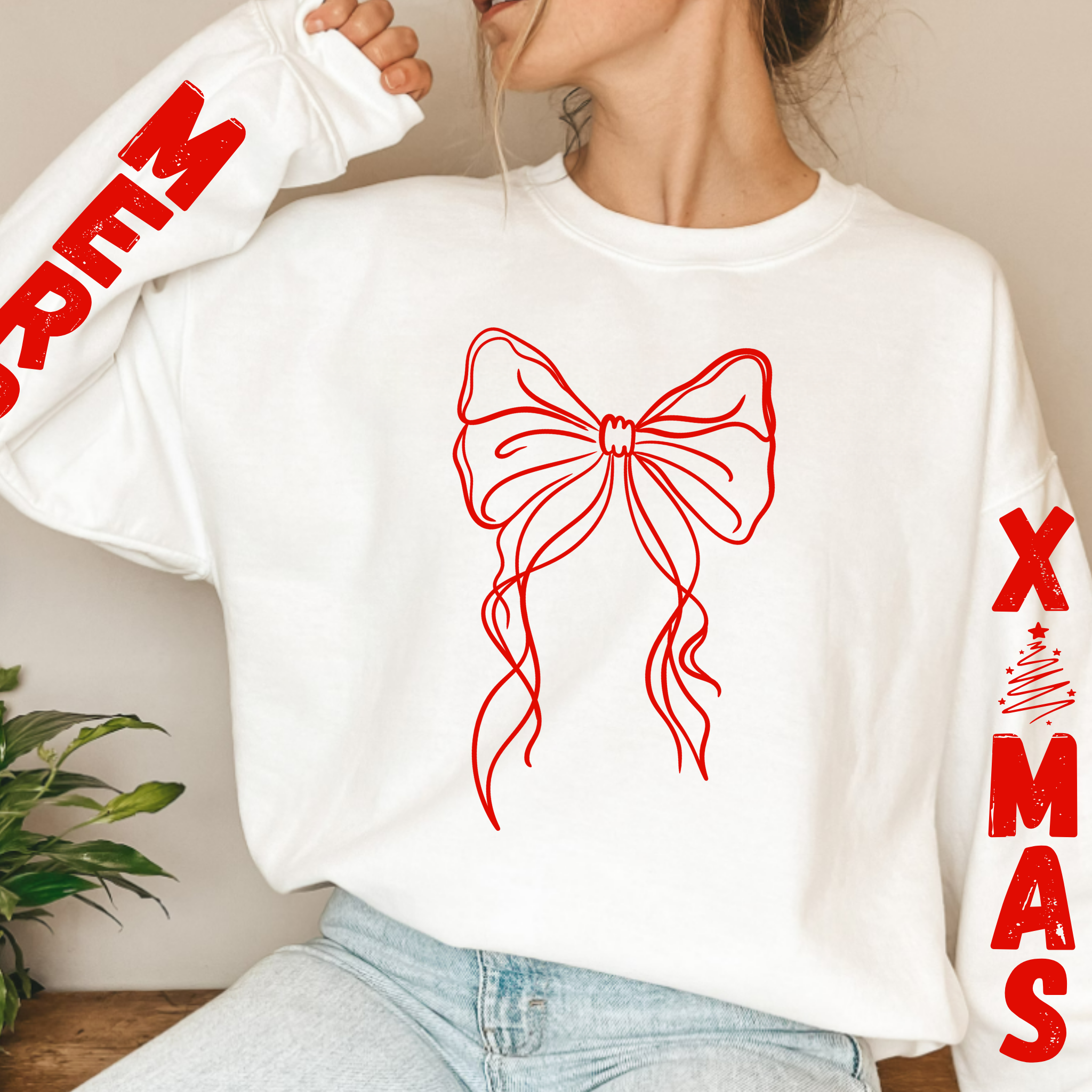 TEELUX - Vente Transfert pour sublimation - (chemise non incluse) MERRY X MAS w BOW, détail des manches ROUGE - Sérigraphie Transfer2