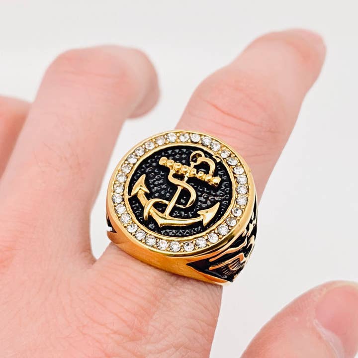 Mio Queena - Wholesale Jewelry - Men's - Men's Rhinestone Anchor Titanium Steel Ring Men's Jewelry