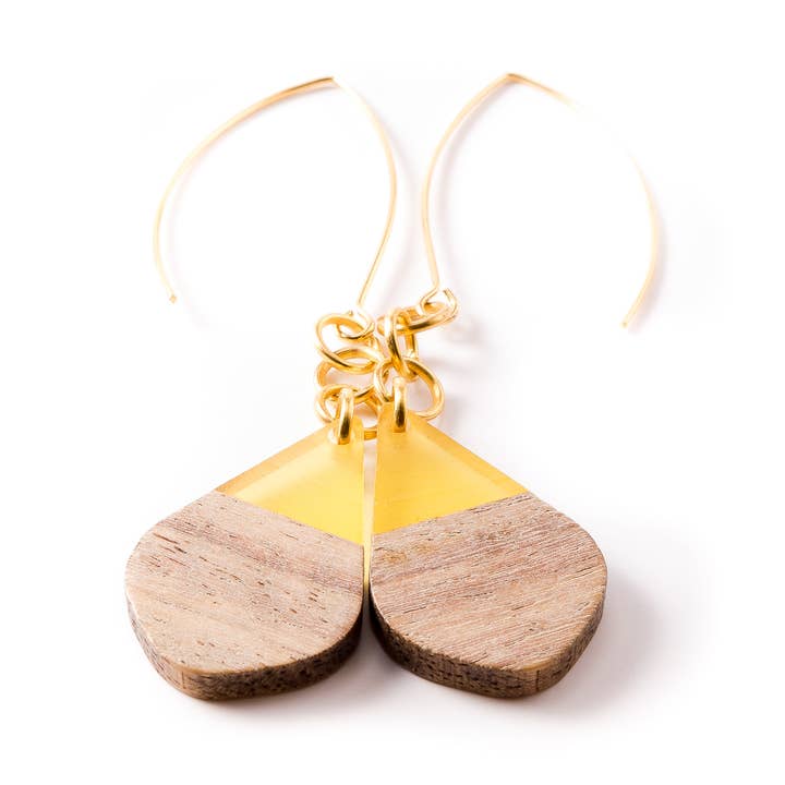 Yellow Wood And Resin Teardrop Earrings for wholesale by Arm Candy