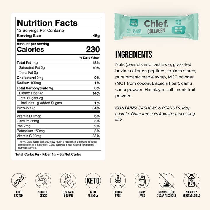 Chief Nutrition USA - Wholesale Snack Bar - Collagen Protein Bar - Peanut Butter (12 bars)2