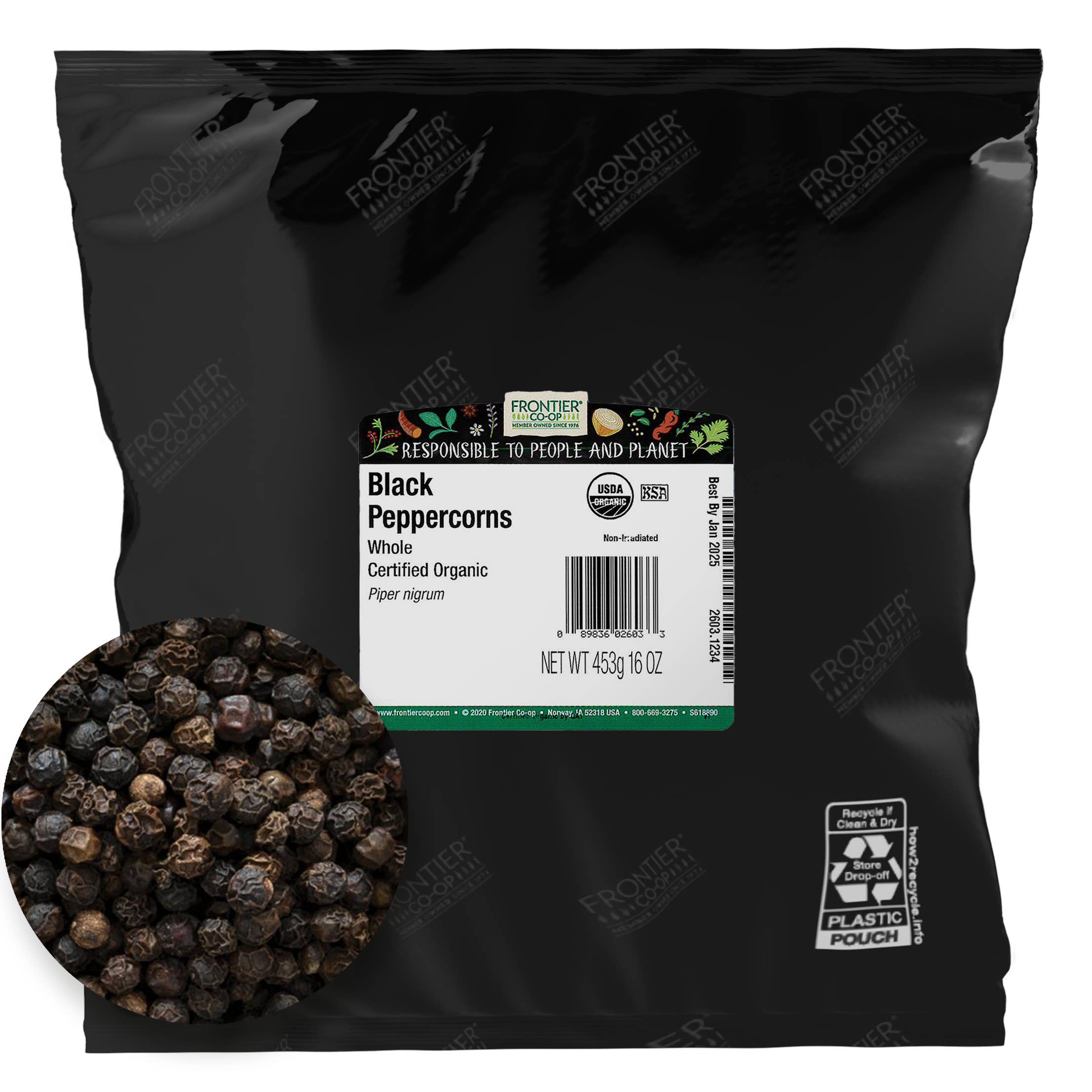 Frontier Co-op - Wholesale Pepper/Peppercorns - Black Peppercorns, Whole, Organic, Kosher, Non ETO, 1 lb1