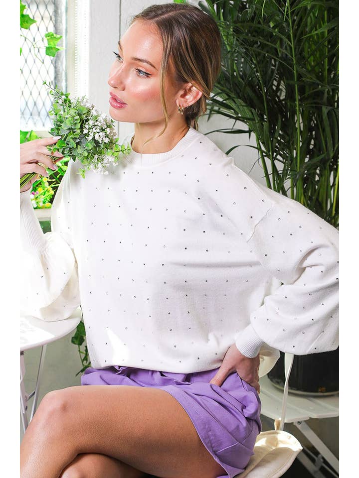 Vine & Love - Wholesale Knit Sweater - Women's - Rhinestone Detail Long Balloon Sleeve Knit Sweater VT60387B
