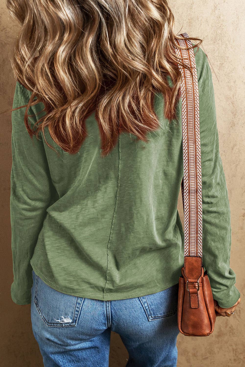 Grass Green Solid Color V Neck Long Sleeve Raw Edge Casual Loose T Shirt for wholesale on Faire1