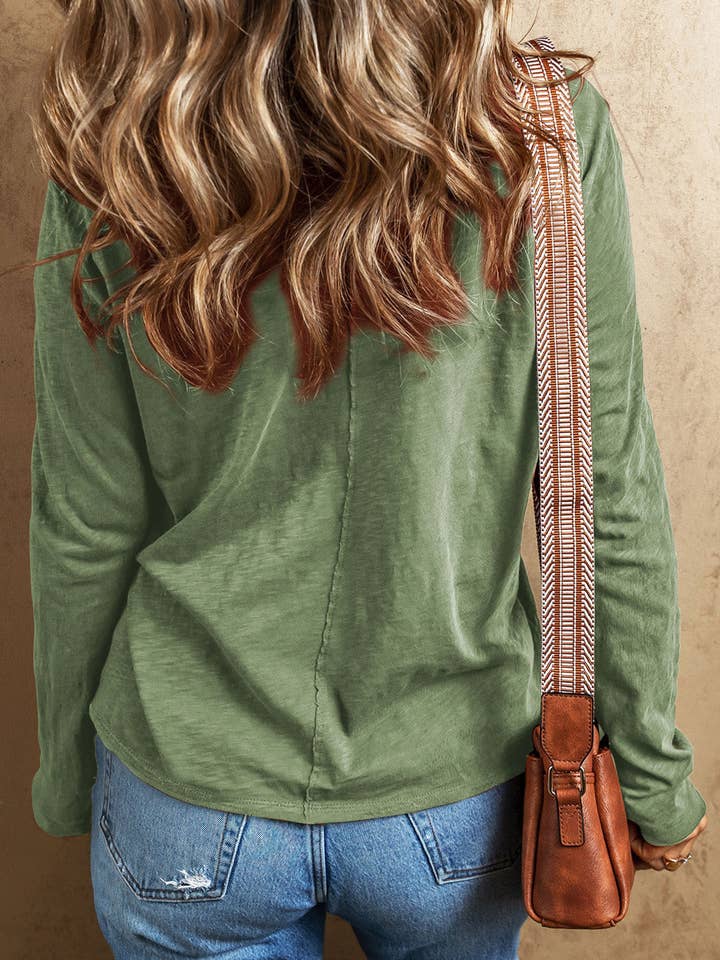 Grass Green Solid Color V Neck Long Sleeve Raw Edge Casual Loose T Shirt for wholesale on Faire1