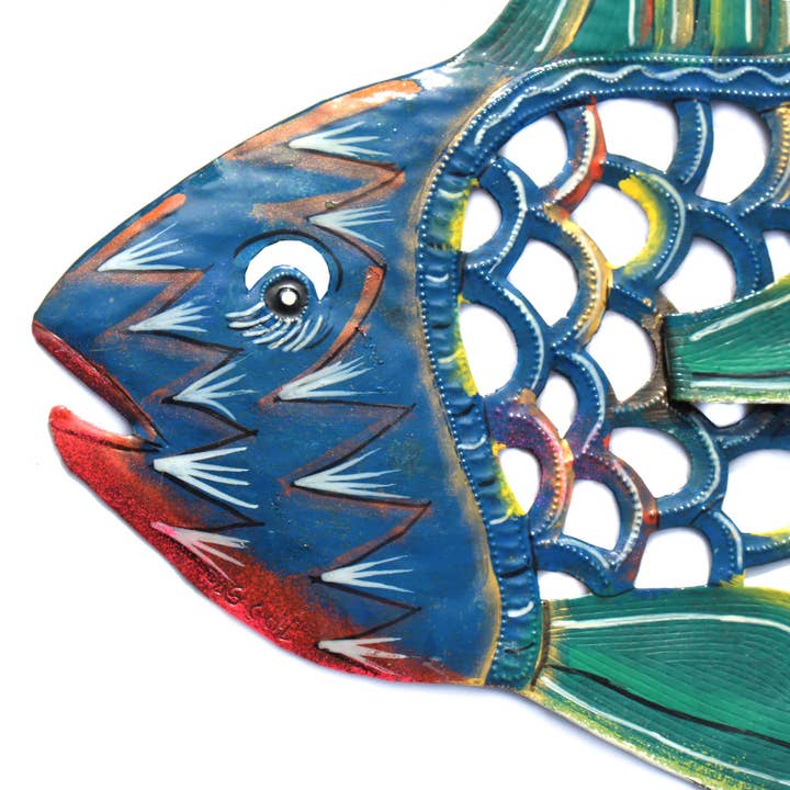 Global Crafts – Großhandel 3D-Wandkunst – 24" Fisch und Shell Sea Life Nautische Haitianische Metalltrommel2
