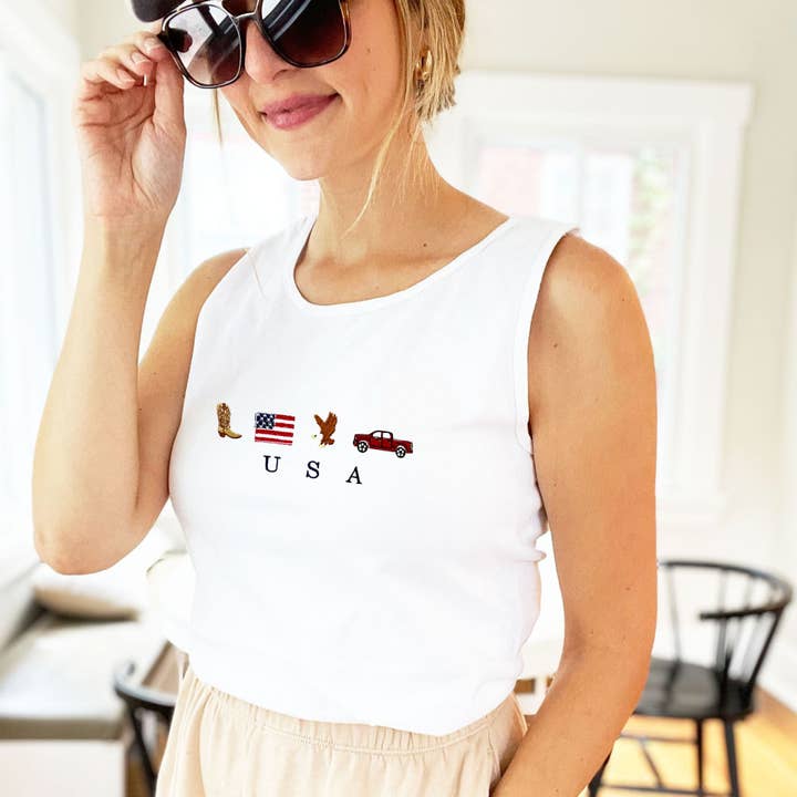 Arden & Gold - Wholesale Tank Top - Women's - Embroidered USA Icons Comfort Colors Tank Top | 4th Of July 1