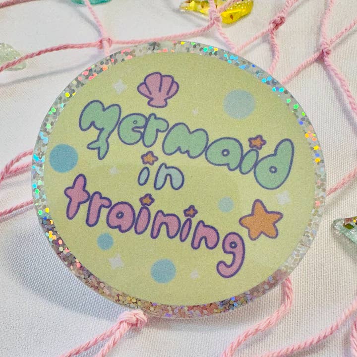 Mermaid In Training Kawaii Vinyl Glitter Sticker for wholesale by Courtney Elizabeth Studio