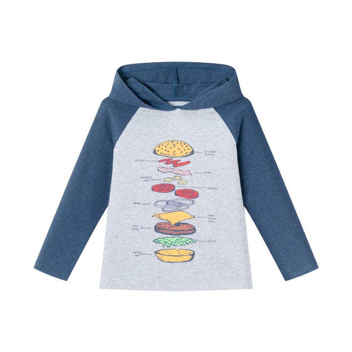 Camiseta con capucha de punto gris jaspeado y azul marino para niños | Tasty Burger para venta al por mayor de Andy & Evan