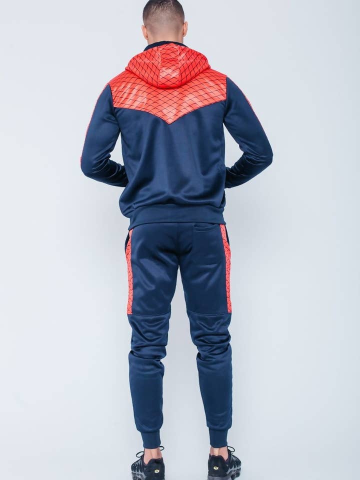 Navy Chevron Panel Skinny Fit Hooded Tracksuit for wholesale by J5FASHION