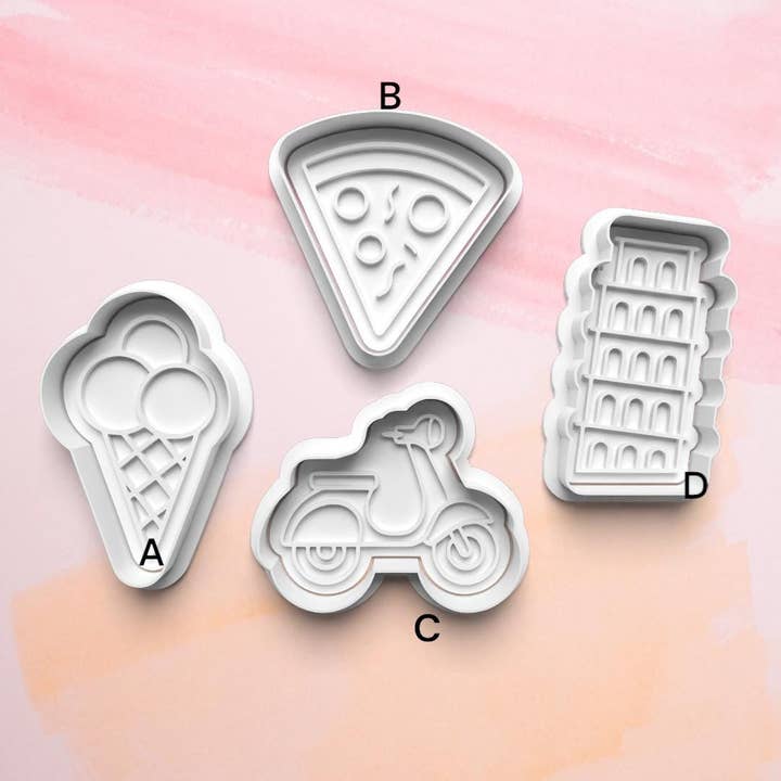 Italiensk Tema Kageudstikker Sæt: Pizza, Scooter, Skæve Tårn (3D Printet) for engroshandel hos Roussell Prints and Demand LLC