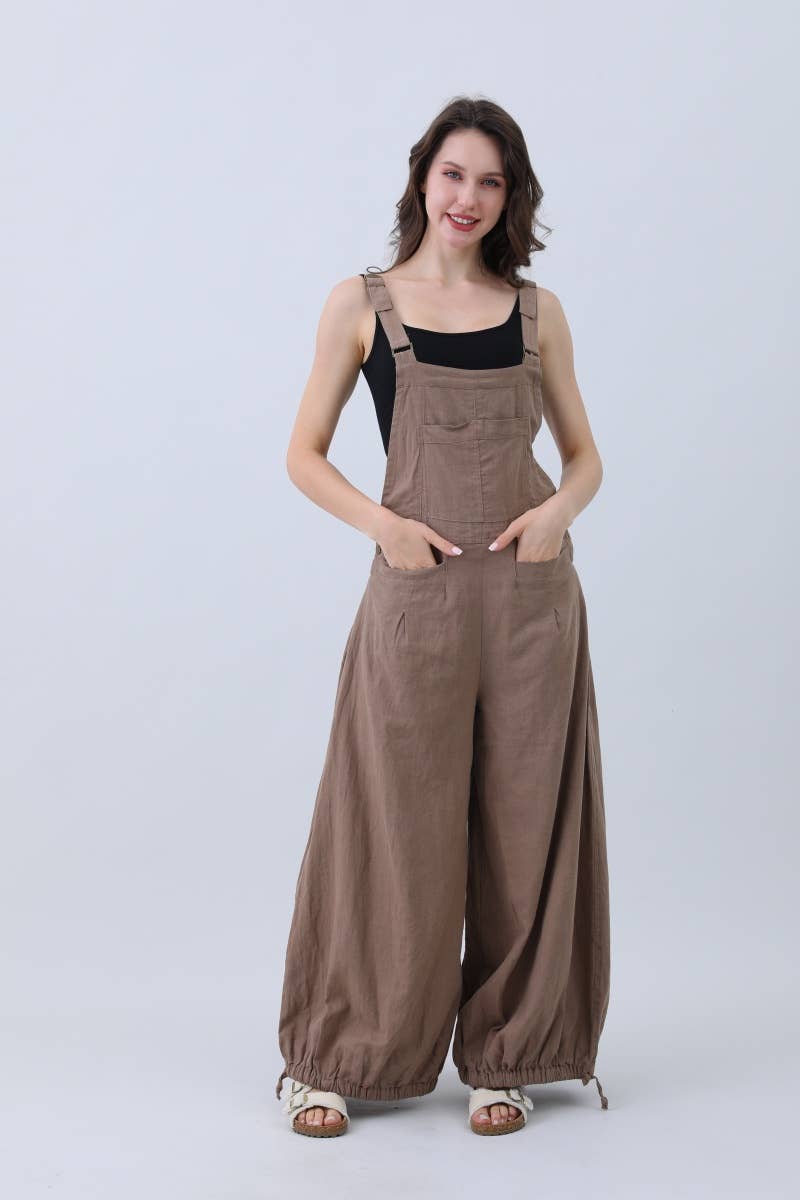 Mocha Natural Linen Jumpsuit for Women – Wide Leg Adjustable Cuffs for wholesale on Faire2