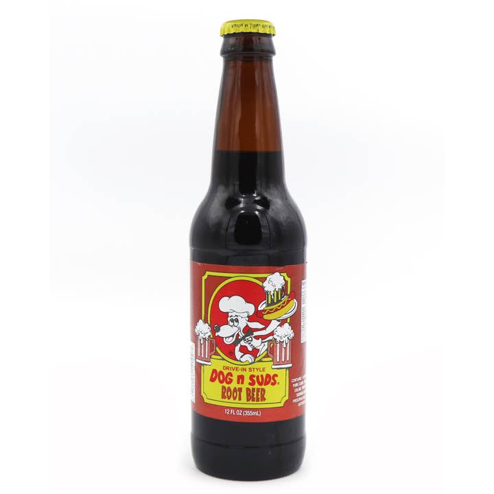 Dog N Suds Root Beer Soda, 12oz Glass Bottle 12ct for wholesale by Grandpa Joe's Candy Shop