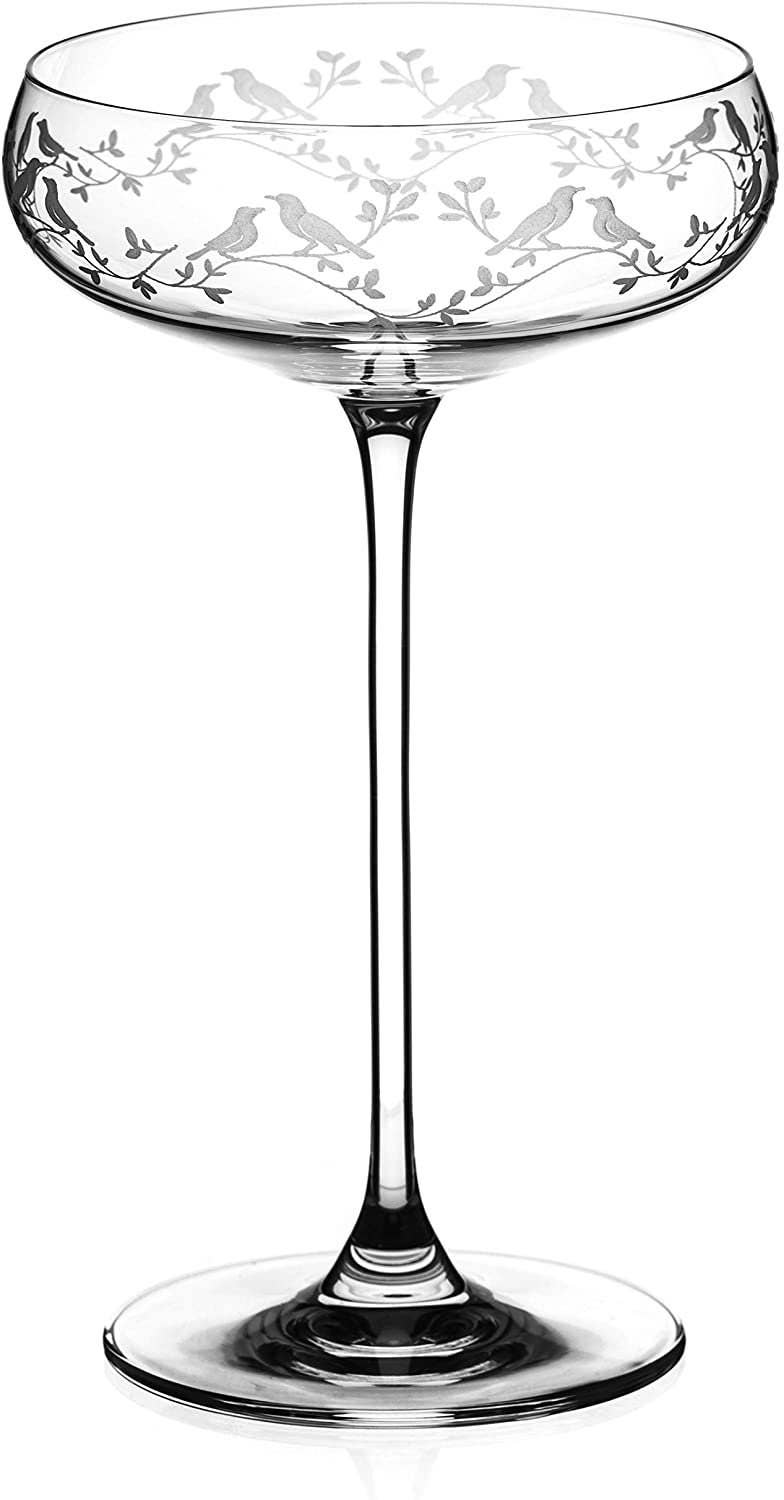 DIAMANTE - Wholesale Cocktail/Liquor Glass - Diamante Champagne Coupes Cocktail Saucers Pair With ‘birds2