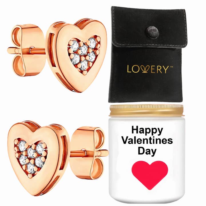Valentines 14K Rose Gold Plated Heart Earring with CZ Stones for wholesale by Lovery