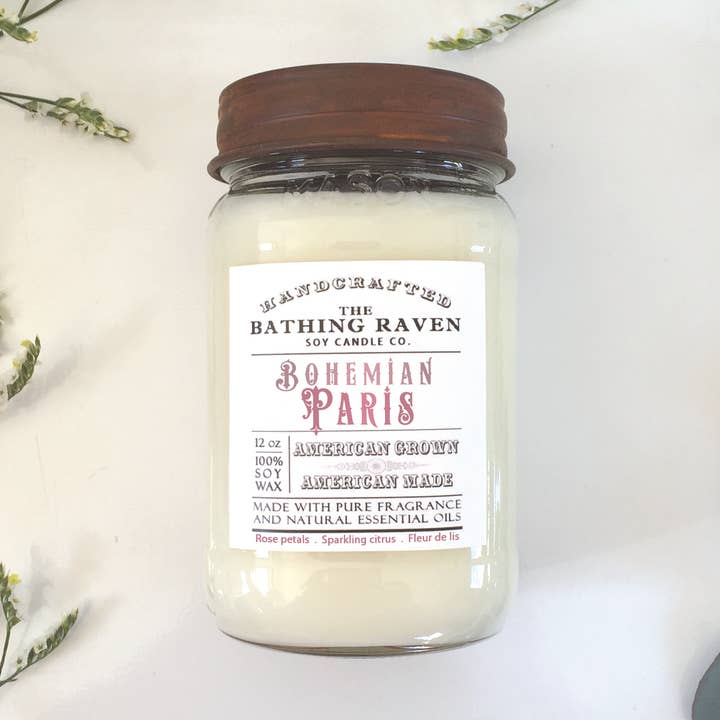 The Bathing Raven Candle Co. - Wholesale Jar/Filled Candle - Bohemian Paris | Farmhouse Mason Collection Soy Candle