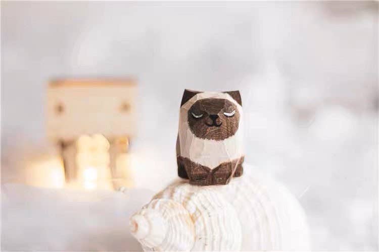 Gohobi （We cover U.S. import duties） - Vendita all'ingrosso Statuette decorative - Gohobi, ornamenti a forma di gatto in legno marrone bianco, realizzati a mano, unici3