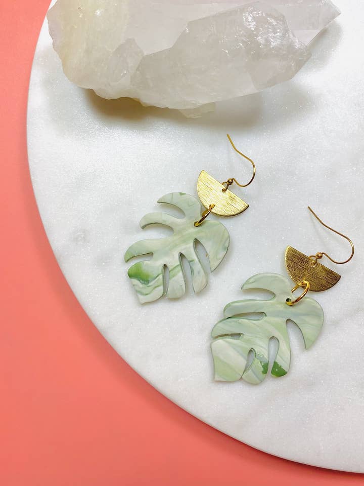 Monstera & Brass Earrings for wholesale by Maple + Love