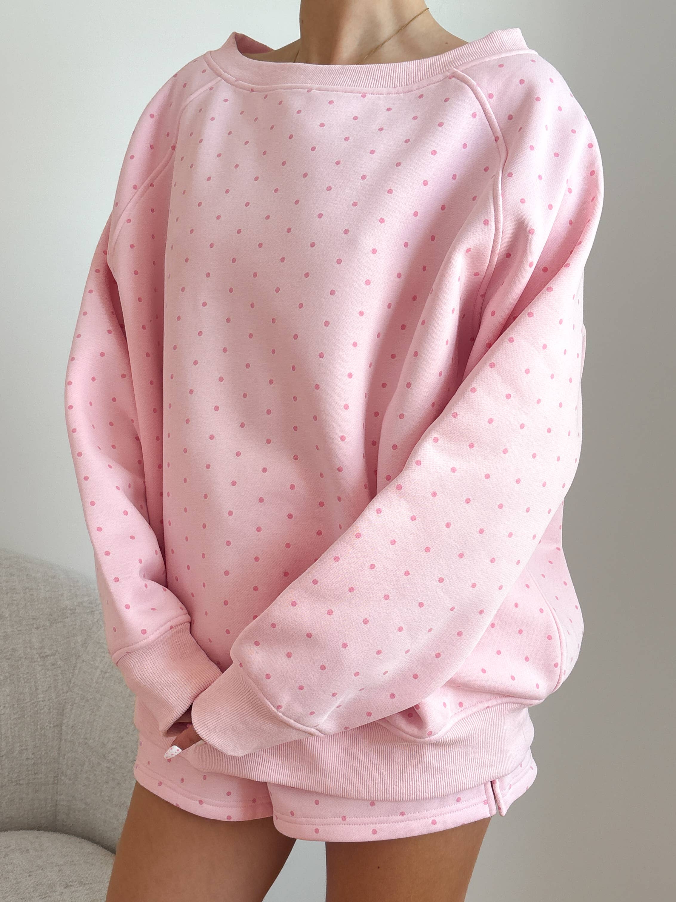 Sunkissed Coconut - Wholesale Sweatshirt - Women's - Light Pink Polka Dot Off The Shoulder Sweatshirt5