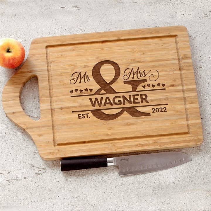 Engraved Mr and Mrs Ampersand Cutting Board for wholesale by Sunny Jar Personalized