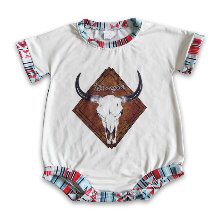 Bull skull aztec short sleeves baby girls romper for wholesale by Yawoo Garments