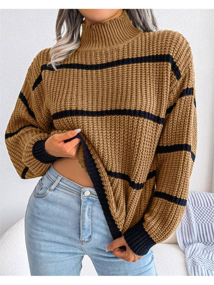 Mccolin - Wholesale Knit Sweater - Women's - Striped Relaxed Turtleneck Sweater4