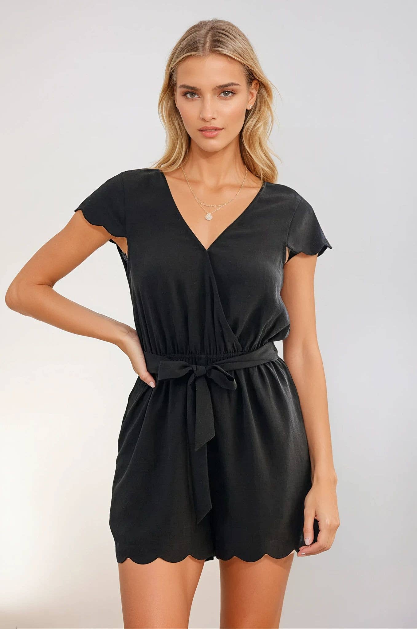 Mauve Scalloped Hem Romper with Self-Tie Ribbon - 27015R for wholesale on Faire5