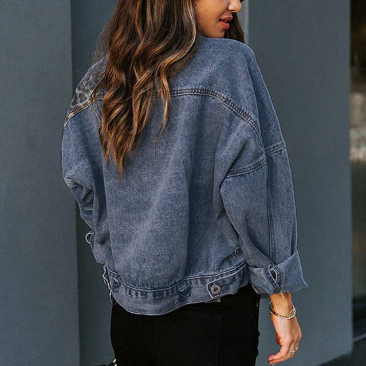 bleu Veste en jean patchwork à imprimé léopard Street en vente sur Faire1