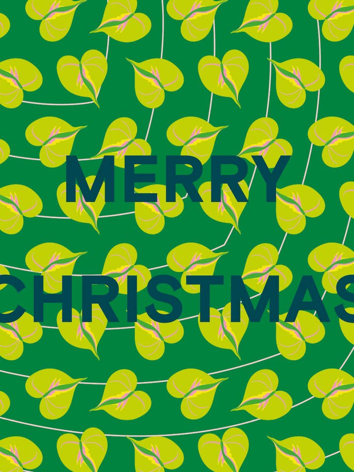 XMAS GREETINGS CARD GREEN HEART LEAF PRINT for wholesale by Gabrielle Good