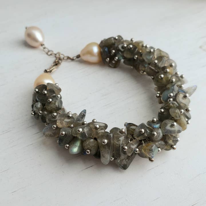 OOAK Bead Bracelet - Labradorite & Freshwater Pearl Cuff for wholesale by Divine Dragon Designs