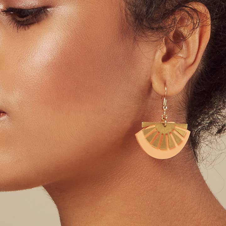 Peach Brass Art Deco Acrylic Gold Plated Fan Drop Earrings for wholesale by Kodes