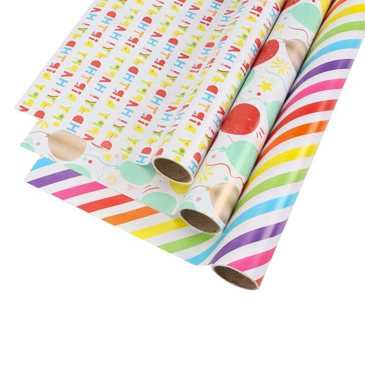 LA Ribbons Wholesale - Wholesale Wrapping Paper Roll - 30" x 10' Birthday Wrapping Paper Bundle (3-pack)| 3 Designs
