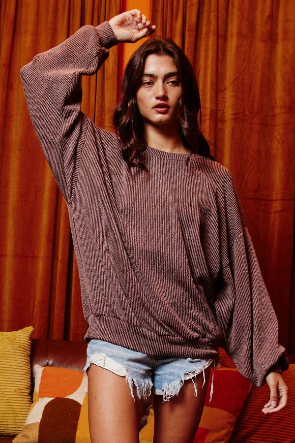 BUCKETLIST INC - Wholesale Sweatshirt - Women's - T1951  Stripe Textured Knit Comfy Sweatshirt22