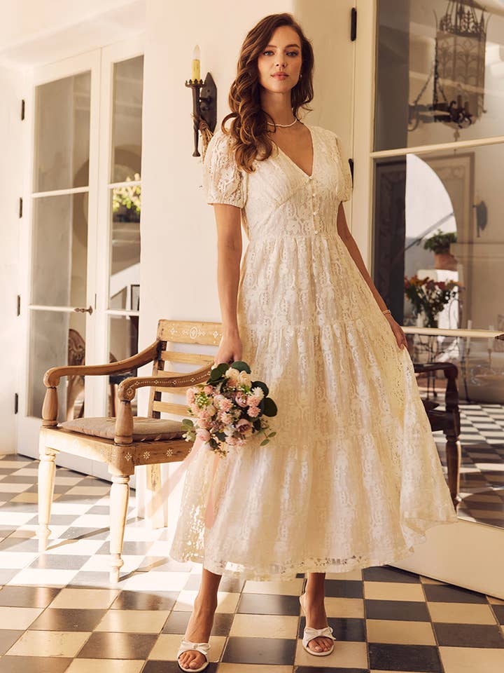 MEANINGFUL MOMENTS LACE TIERED MIDI DRESS WITH PUFF SLVS for wholesale by in february