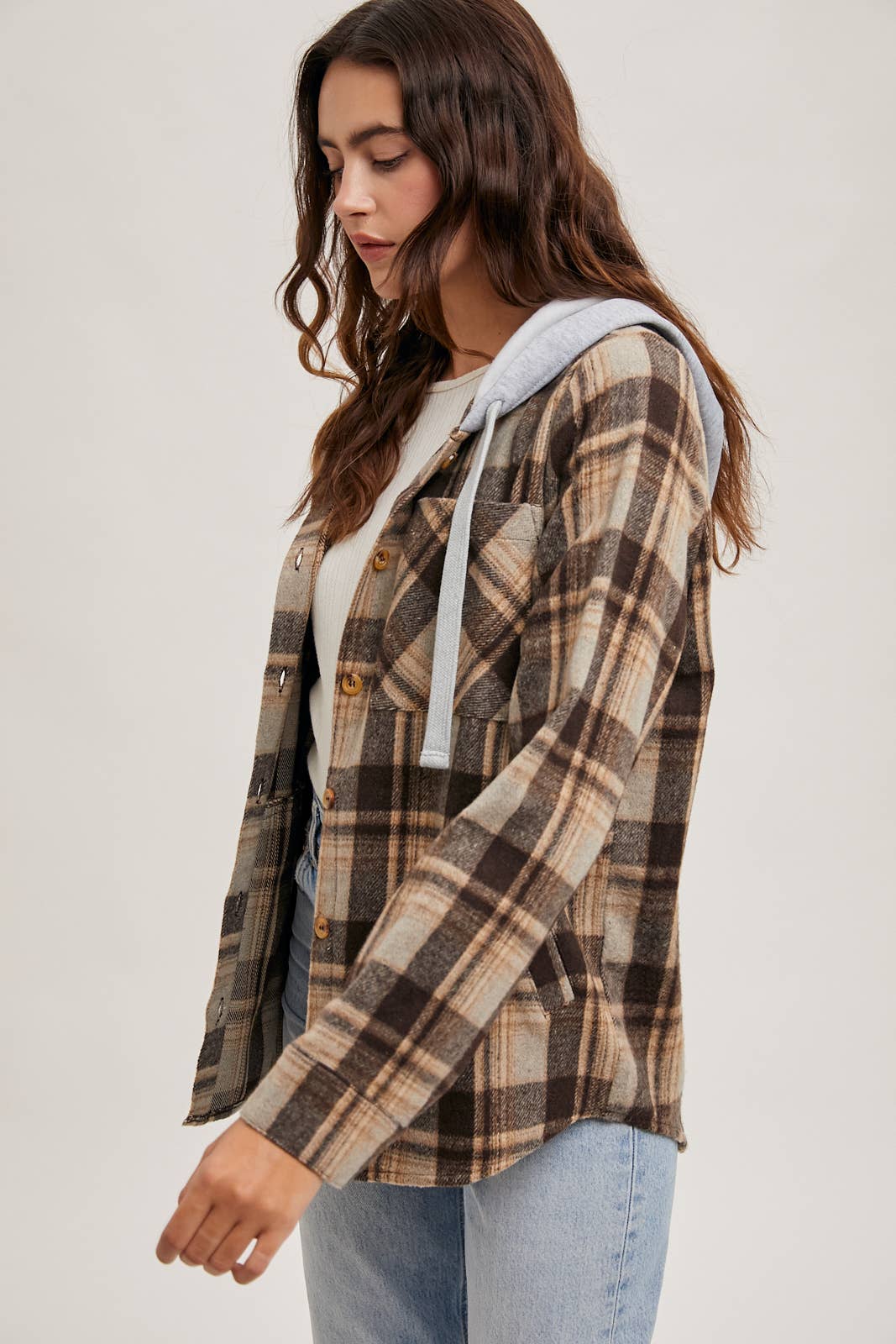 Bluivy – wholesale Shirt Jacket/Shacket - Women’s – HOODED FLANNEL BUTTON FRONT SHIRT JACKET4