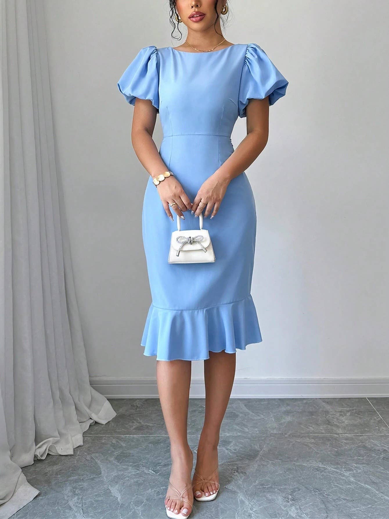 UNISHE - Vendita all'ingrosso Vestito - Donna - Abito a sirena con maniche a lanterna sexy e volant GSS1302