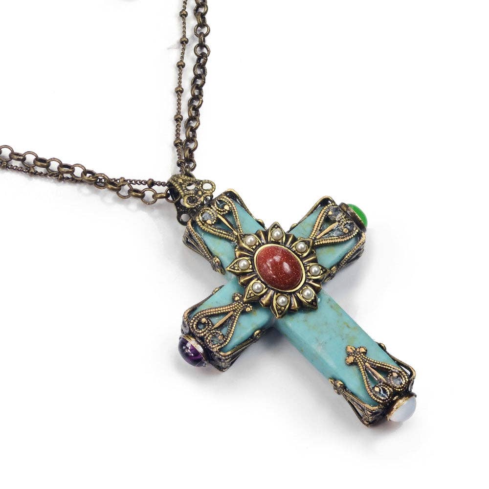 Sweet Romance Jewelry - Wholesale Pendant/Charm Necklace - Cathedral Turquoise Cross Necklace OL_N1905
