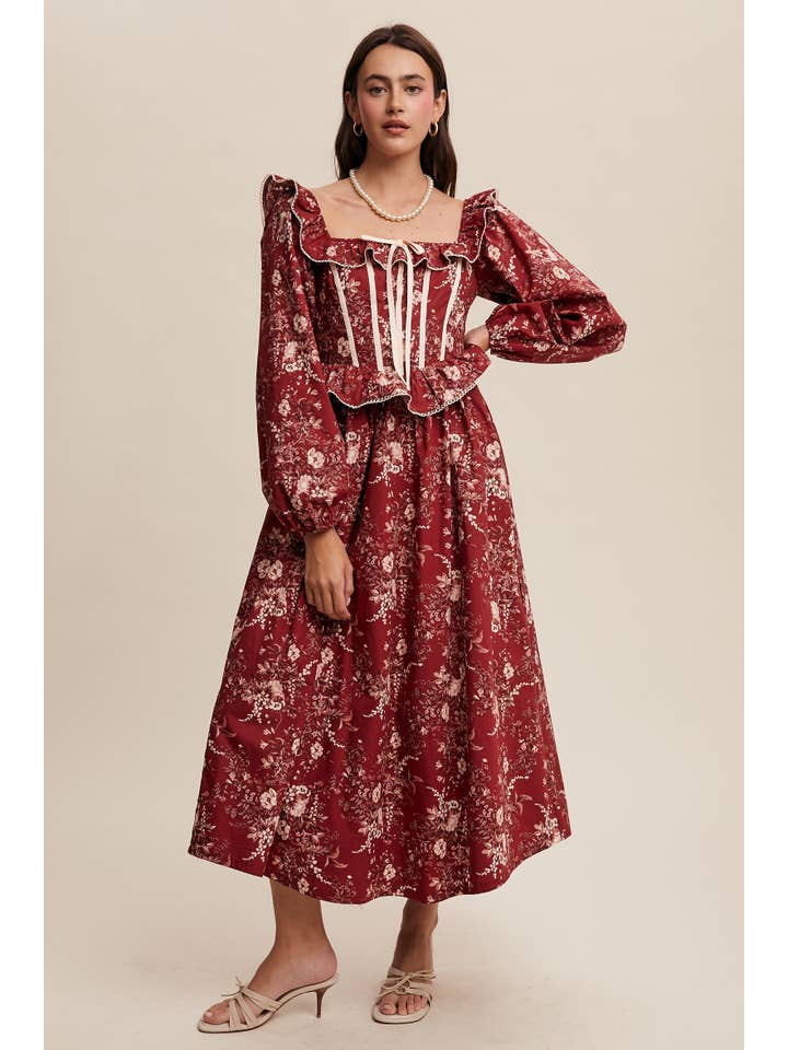 Listicle - Wholesale Dress - Women's - Floral Corset Ruffle Midi Dress LD1506