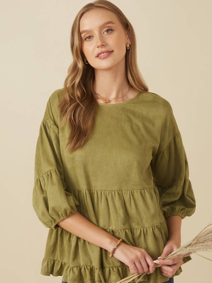 Womens Vegan Suede Tiered Puff Sleeve Top for wholesale by Hayden LA