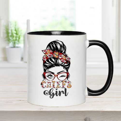 Chiefs Girl Messy Bun Football Coffee Mug for wholesale by Dogwood Graphics & Design