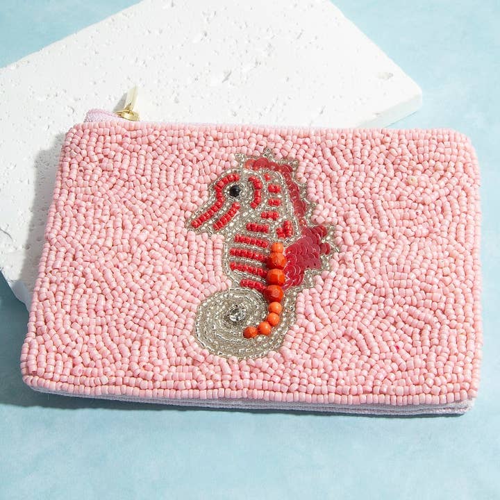 MULTI Seed Beaded Sea Life Sea Horse Coin Purse for wholesale on Faire