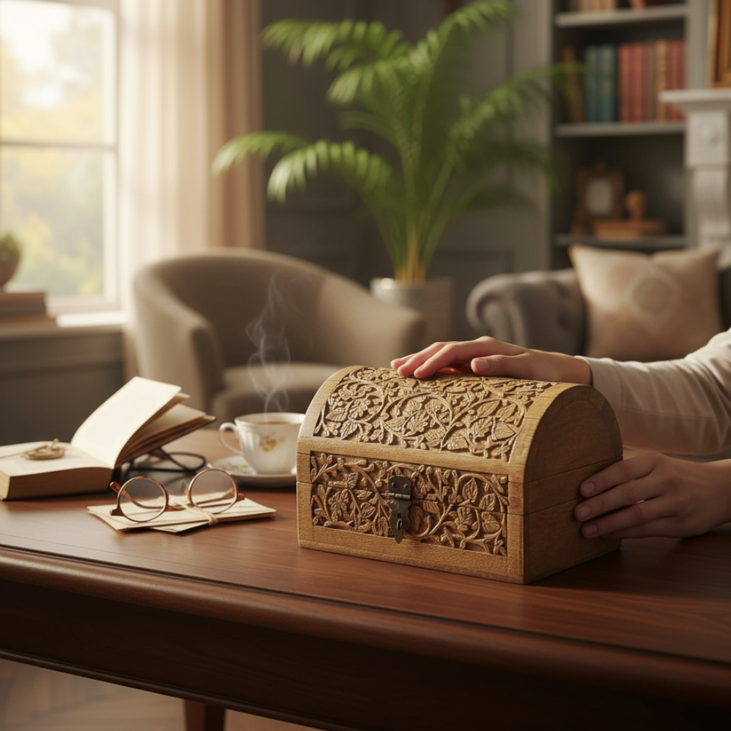 Wilco Home – wholesale Decorative box – Hand-Carved Wood "Vines" Hinged Box Table Chest1