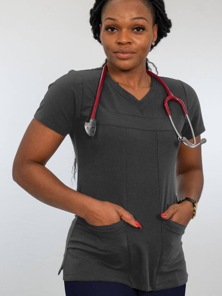 ANTIMICROBIAL SIMA REFINED V-NECK SCRUB TOP XXS-5XL / GREY for wholesale by Wozo Uniforms